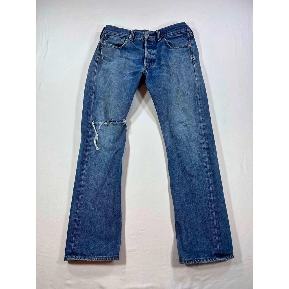 Levis 501 Original Fit Distressed Jeans Blue Button Fly 31x30 Paint Splatter